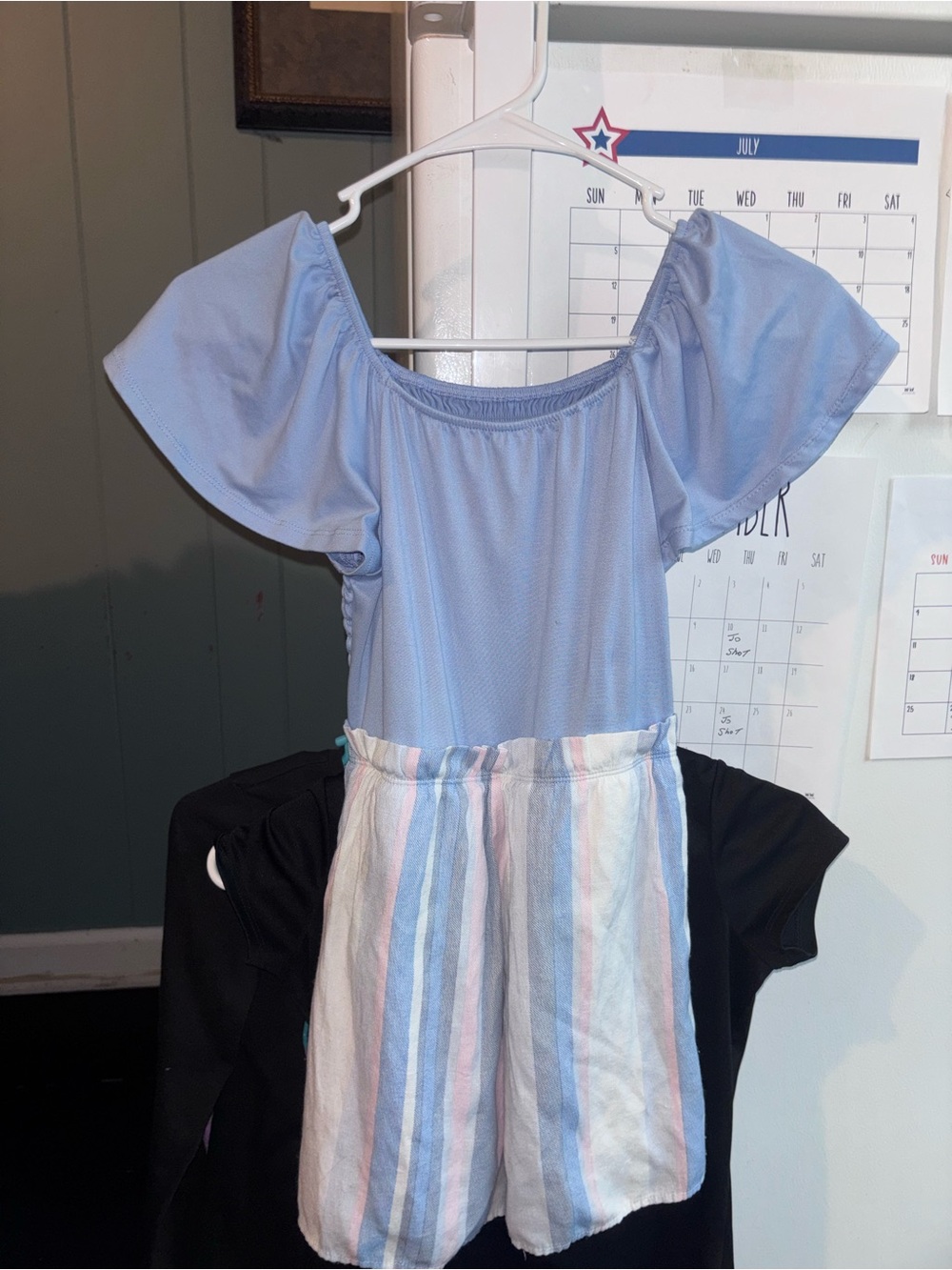 Girls' Light Blue Off-Shoulder Romper with Pastel Striped Skirt